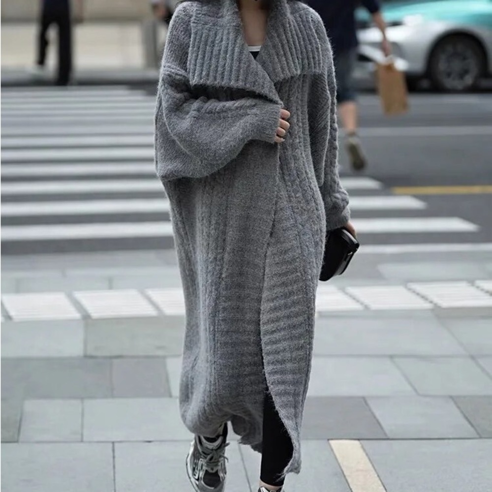 Cozy Long Gray Open-Front Women's Sweater Cardigan